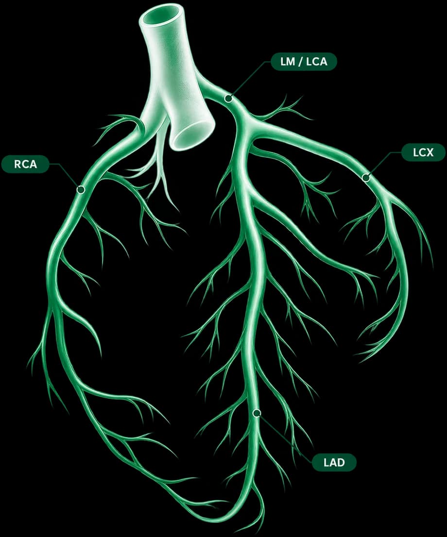 Koroner arterlerin (RCA, LM/LCA, LCX, LAD) dallanmasını gösteren tıbbi illüstrasyon